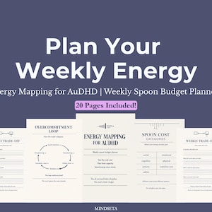 Può includere: Un planner intitolato "Pianifica la tua energia settimanale" con il testo "Energy Mapping for AuDHD | Planner settimanale di cucchiai" e "20 pagine incluse!". Il planner include pagine per compromessi settimanali, cicli di sovraccarico.