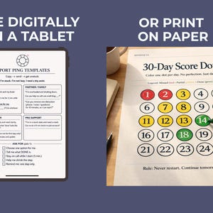 May include: A digital tablet displays a Support Ping Templates form, while a printed 30-Day Score Dots chart is shown with a hand coloring a green dot. The text reads "Use Digitally on a Tablet" and "Or Print on Paper."
