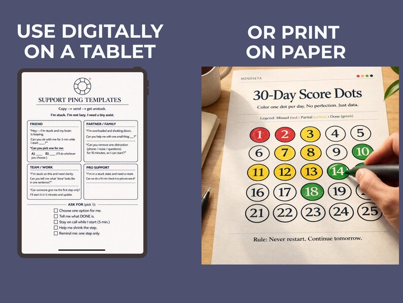 May include: A digital tablet displays a Support Ping Templates form, while a printed 30-Day Score Dots chart is shown with a hand coloring a green dot. The text reads "Use Digitally on a Tablet" and "Or Print on Paper."
