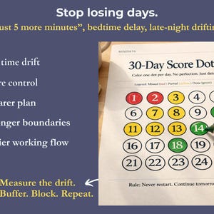 May include: A 30-Day Score Dots chart with a hand coloring a green dot. The chart includes a legend for red, yellow, and green dots. Text on the chart includes "Stop losing days" and "Measure the drift. Buffer. Block. Repeat."