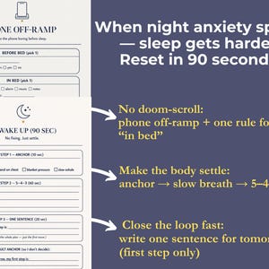 以下が含まれることがあります： 「PHONE OFF-RAMP」というタイトルの睡眠補助ガイドで、夜間の不安を和らげるための指示が記載されています。ガイドには、就寝前と起床時に従うべき手順が含まれており、濃い青色の背景に白い文字で書かれています。