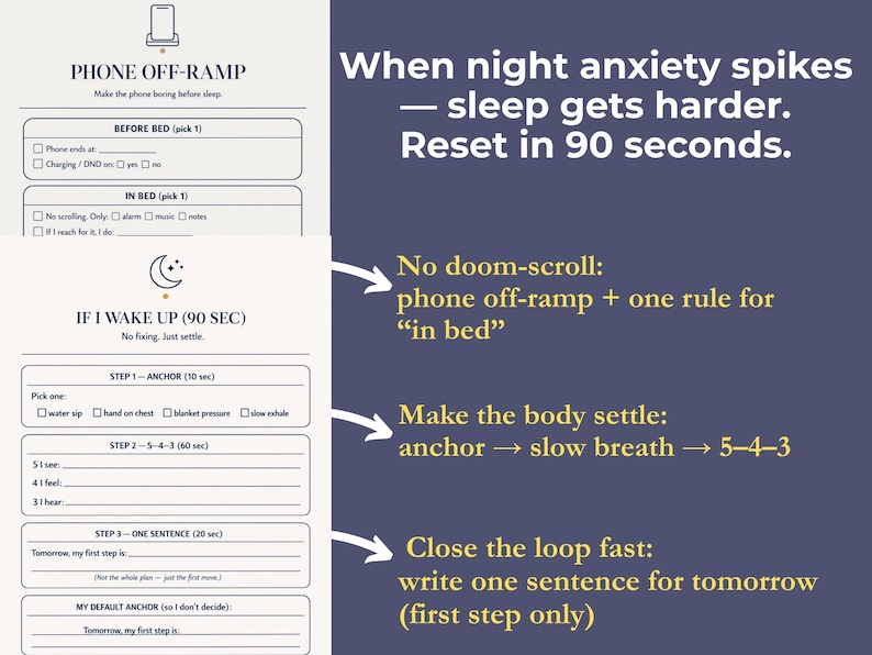 以下が含まれることがあります： 「PHONE OFF-RAMP」というタイトルの睡眠補助ガイドで、夜間の不安を和らげるための指示が記載されています。ガイドには、就寝前と起床時に従うべき手順が含まれており、濃い青色の背景に白い文字で書かれています。