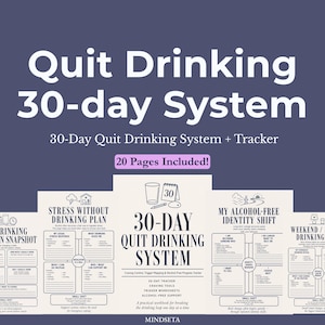 以下が含まれることがあります： 「Quit Drinking 30-day System」というタイトルのワークブック。テキストには「30-Day Quit Drinking System + Tracker」と「20 Pages Included!」と記載。進捗状況を追跡するためのチャートと図が含まれています。