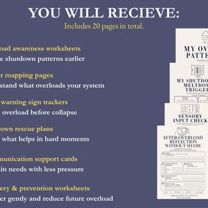 May include: A navy blue graphic with the text "YOU WILL RECIEVE: Includes 20 pages in total." The image includes worksheets with titles like "Overload awareness worksheets" and "My Overload Pattern Map."
