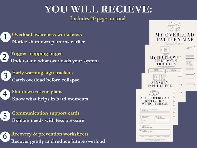 May include: A navy blue graphic with the text "YOU WILL RECIEVE: Includes 20 pages in total." The image includes worksheets with titles like "Overload awareness worksheets" and "My Overload Pattern Map."