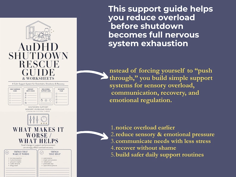 May include: A guide titled "AuDHD Shutdown Rescue Guide & Worksheets" with text about reducing overload and building support systems. The guide includes sections on what makes things worse and what helps, with a list of actionable steps.