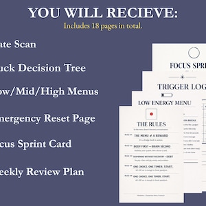 May include: A digital product with a dark blue background and white text. The text reads "YOU WILL RECIEVE: Includes 18 pages in total." The product includes a State Scan, Stuck Decision Tree, and Focus Sprint Card.