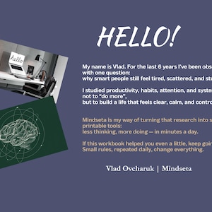 May include: A dark blue graphic with the word "HELLO!" in white script. The image includes a photo of a workspace and a green graphic of a brain. Text describes a productivity method by Vlad Ovcharuk.