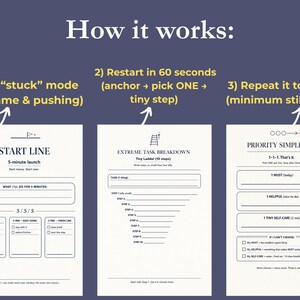 May include: A graphic with the title "How it works:" and three sections: "Start Line", "Extreme Task Breakdown", and "Priority Simplifier". Each section has prompts for planning and task management, with text and lines for writing.