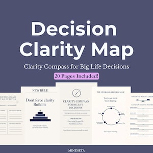 Könnte beinhalten: Eine Decision Clarity Map mit dem Text "Clarity Compass for Big Life Decisions" und "20 Pages Included!" wird angezeigt. Die Karte enthält Seiten mit Aufforderungen und Diagrammen zur Entscheidungsfindung, mit dem Mindseta-Logo unten.