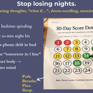 以下が含まれることがあります： 緑色の点を塗っている手があるMindseta 30-Day Score Dotsのチャート。このチャートは不安を和らげるように設計されており、「Stop losing nights」というテキストが含まれています。このチャートには、見逃した日、部分的な日、完了した日の凡例があります。
