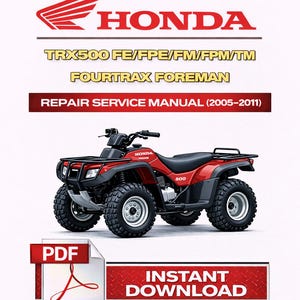 Puede incluir: Un quad Honda TRX500 Fourtrax Foreman rojo se muestra sobre un fondo blanco. La imagen incluye el logotipo de Honda, información del modelo y el texto "Manual de reparación (2005-2011)". También hay un icono PDF y las palabras "Descarga instantánea".