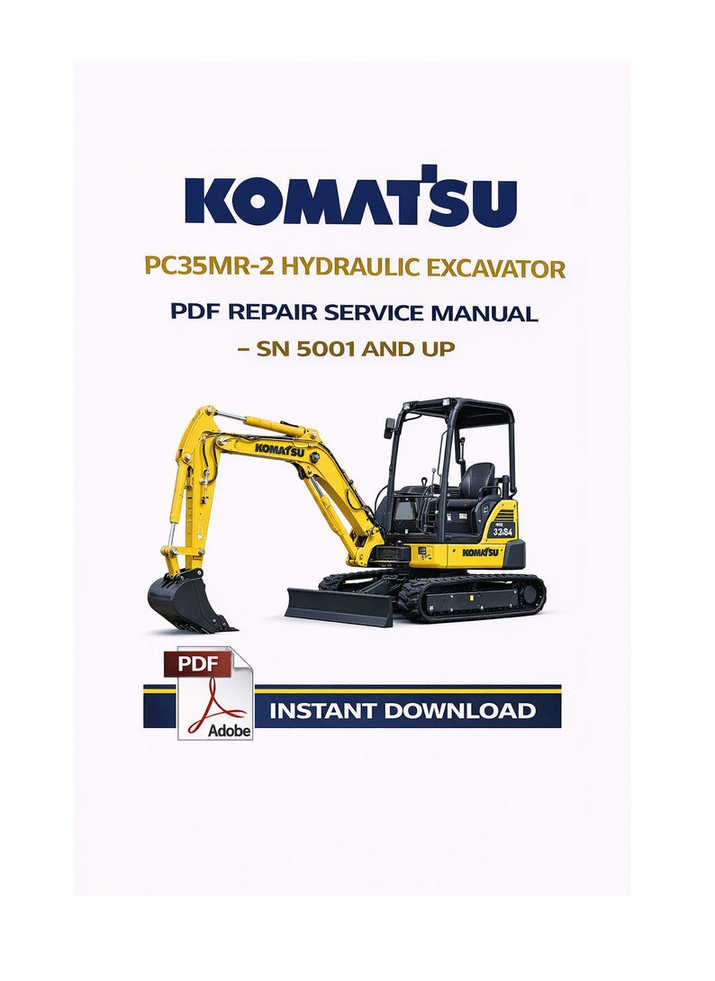 May include: A yellow and black Komatsu PC35MR-2 hydraulic excavator, with the text "PDF Repair Service Manual" and "Instant Download". The image includes the Komatsu logo and Adobe PDF icon.