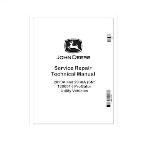Könnte beinhalten: Ein weißer Einband mit dem John Deere-Logo, einem springenden Hirsch in einem schwarzen Oval. Der Text lautet "Service Repair Technical Manual" für 2020A und 2030A ProGator Utility Vehicles.