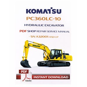 May include: A white background features the Komatsu logo and text for a PC360LC-10 hydraulic excavator repair manual. A yellow excavator is shown. The manual is available as an instant PDF download.