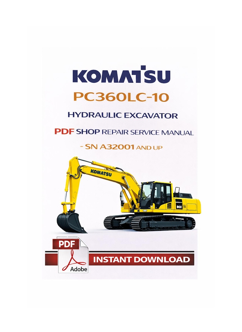 May include: A white background features the Komatsu logo and text for a PC360LC-10 hydraulic excavator repair manual. A yellow excavator is shown. The manual is available as an instant PDF download.