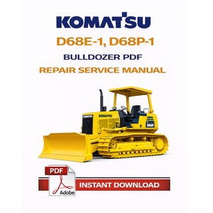 K&ouml;nnte beinhalten: Gelbes Komatsu D68E-1, D68P-1 Bulldozer PDF Reparatur-Servicehandbuch. Das Bild enth&auml;lt das Komatsu-Logo, den Text "Sofort-Download" und ein Adobe PDF-Symbol.