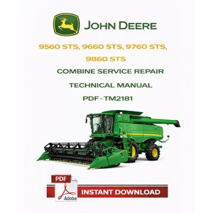 Puede incluir: Manual técnico de reparación de servicio de cosechadora John Deere. La portada presenta una cosechadora verde y el logotipo de John Deere. El texto incluye números de modelo y "Descarga instantánea".