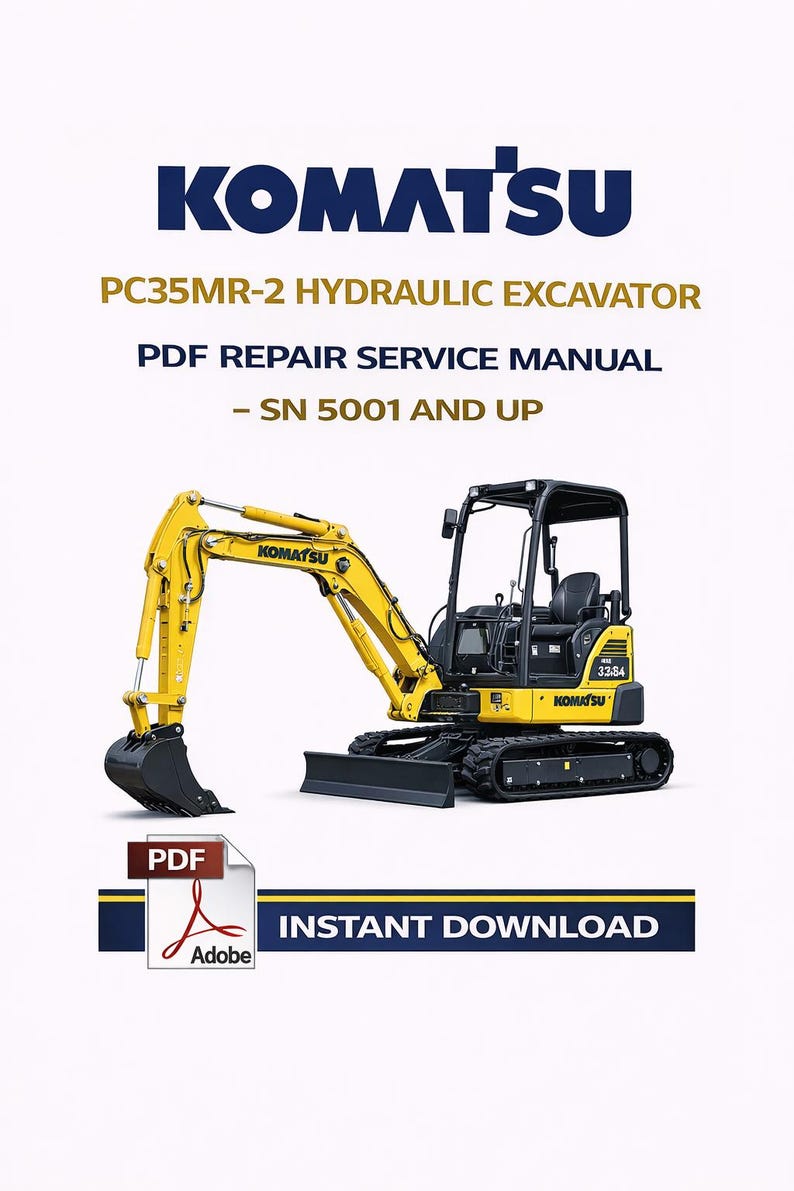 May include: A yellow Komatsu PC35MR-2 hydraulic excavator, a compact construction machine, is featured in this image. The text on the image includes "PDF Repair Service Manual" and "Instant Download."