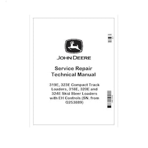 Könnte beinhalten: Ein weißes John Deere Service-Reparatur-Technisches Handbuch. Das Cover zeigt das John Deere-Logo, ein grün-gelbes Emblem mit einem Hirsch. Das Handbuch behandelt 319E, 323E Kompakt-Raupenlader und 318E, 320E und 324E Kompaktlader.