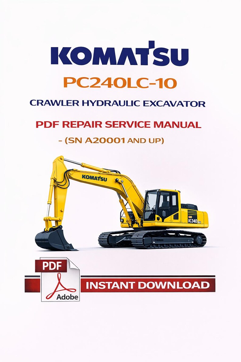 May include: A yellow Komatsu PC240LC-10 crawler hydraulic excavator is featured in this image. The text includes "PDF Repair Service Manual" and "Instant Download". The excavator is on a white background.
