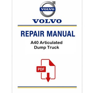 Op de afbeelding: Een wit document met het Volvo-logo en tekst. De tekst luidt "VOLVO REPAIR MANUAL A40 Articulated Dump Truck" met een PDF-pictogram. Het document heeft blauwe en gele horizontale lijnen.