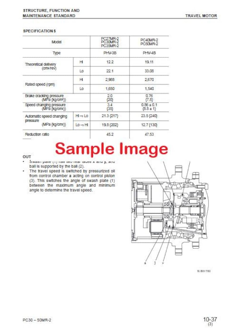 May include: Technical diagram with specifications for travel motors. The document includes a table with model numbers, types, and performance metrics such as theoretical delivery, rated speed, and pressure measurements. A schematic diagram is also included.