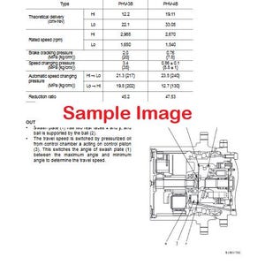 Pu&ograve; includere: Diagramma tecnico con specifiche per motori di traslazione. Il documento include una tabella con numeri di modello, tipi e metriche di prestazioni come erogazione teorica, velocit&agrave; nominale e misurazioni di pressione. &Egrave; incluso anche uno schema.
