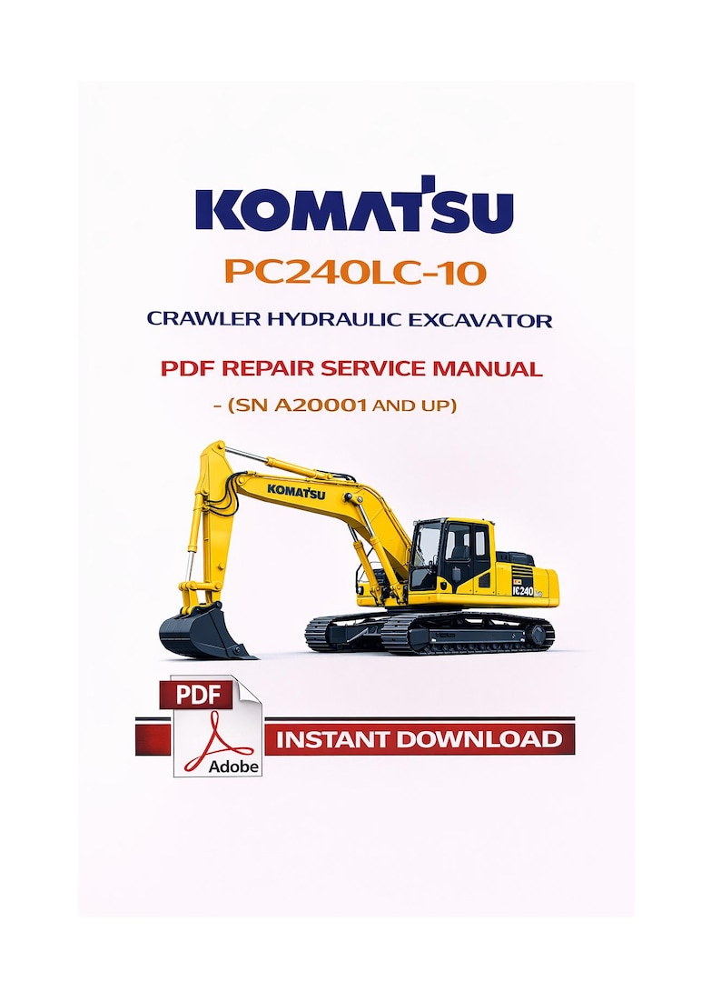 May include: A yellow Komatsu PC240LC-10 crawler hydraulic excavator illustration. The image includes the text "PDF Repair Service Manual" and "Instant Download". The excavator is set against a white background.