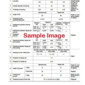 May include: A detailed technical diagram for a track shoe, featuring measurements in millimeters. The chart includes specifications for link pitch, bushing diameters, and grouser height, with standard sizes and repair limits. The text "Sample Image" is overlaid on the diagram.