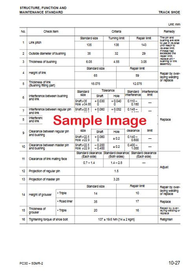 May include: A detailed technical diagram for a track shoe, featuring measurements in millimeters. The chart includes specifications for link pitch, bushing diameters, and grouser height, with standard sizes and repair limits. The text "Sample Image" is overlaid on the diagram.