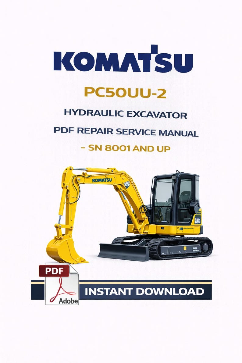 May include: A yellow Komatsu PC50UU-2 hydraulic excavator, with black tracks and cab, is featured in this image. The text includes "PDF Repair Service Manual" and "Instant Download."