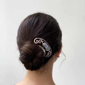 handmade hair comb, unique piece, handcrafted, metal,silver, moonstone,for different hairstyles, hairfashion, elegant hairjewelry