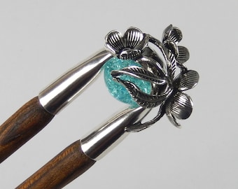 FLORA, handmade hair fork, metal, wood and glass, flower hair jewelry, hair fork, hair jewelry, updo, hairstyle, bridal jewelry