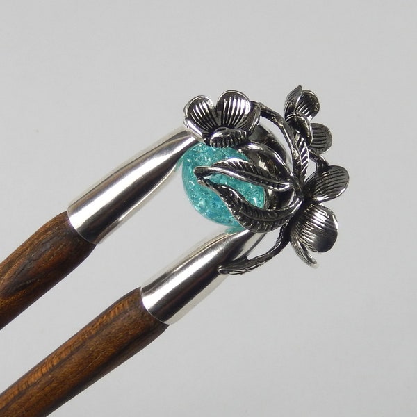 FLORA, handmade hair fork, metal, wood and glass, flower hair jewelry, hair fork, hair jewelry, updo, hairstyle, bridal jewelry