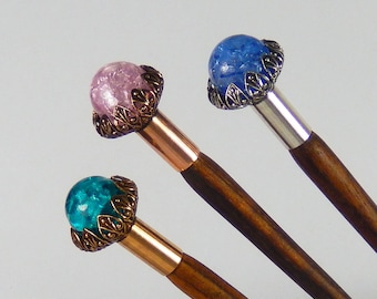 Bastoncino per capelli in legno, decorativo, per capelli lunghi, acconciatura, vintage, vetro, ottone, argentato, placcato oro o rosa, decorazione in metallo, metallo, pallina colorata