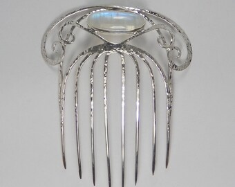 handmade hair comb, unique piece, handcrafted, metal,silver, moonstone,for different hairstyles, hairfashion, elegant hairjewelry