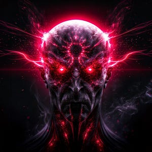 May include: A dark, textured humanoid figure with glowing red eyes and a radiant red light emanating from the top of the head. The entity features sharp, pointed facial structures, a smooth cranium, and wisps of smoke surrounding the neck area.