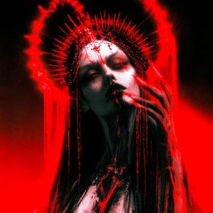 May include: A digital illustration of a figure with pale skin and dark features, wearing a spiked, radiant crown. The composition is dominated by intense red lighting, with dark, flowing textures cascading from the head and face area.