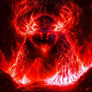 May include: A digital illustration of a bear with an open mouth, glowing red eyes, and fur that appears to be composed of intense, swirling red and white flames, creating a powerful and energetic visual effect against a dark background.