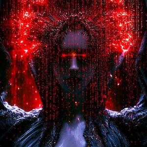 May include: A digital art portrait featuring a central figure with glowing red eyes, surrounded by cascading vertical streams of red binary code and light particles. The figure is draped in dark, textured fabric, set against a deep black background.