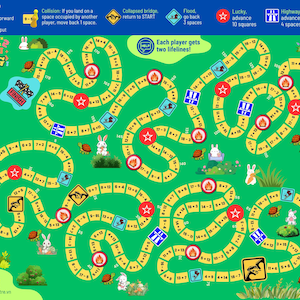 May include: A green Math Racing board game for ages 6-8 featuring a winding path of yellow squares with math problems. The board includes icons for a collapsed bridge, flood, lucky star, highway, and fire, along with illustrations of rabbits and turtles.