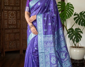 Sari Baluchori de seda pura: motivos de Radha Krishna, combinación de colores única.