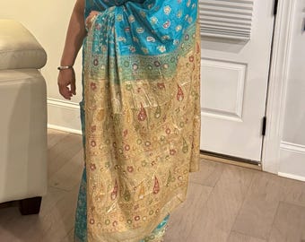 Sari de seda Preloved Khaddi Benarasi Tussar con trabajo manual adicional