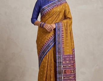 Preloved sari ikat Khandua de seda pura en telar manual