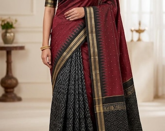 Sari ikat de seda pura en telar manual con patli palla