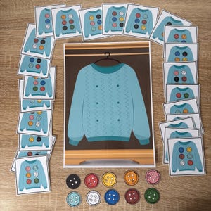 May include: A light blue sweater with a zig-zag pattern is displayed on a hanger inside a closet illustration. Several cards with the same sweater design and colorful buttons are arranged around the illustration, along with a set of colorful buttons.