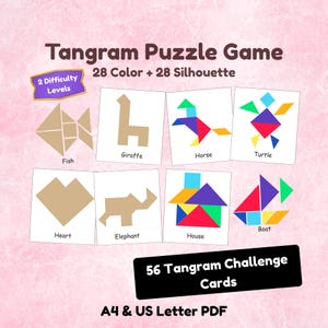 May include: A Tangram Puzzle Game with 28 color and 28 silhouette cards. The image shows various shapes and figures, including a fish, giraffe, horse, turtle, heart, elephant, house, and boat. The set includes 56 challenge cards and is available in A4 and US Letter PDF formats.