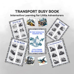 Może przedstawiać: Interaktywna książka dla dzieci, "Transport Busy Book", z ilustracjami pojazdów i tematów transportowych. Książka zawiera sekcje zatytułowane "Up in the Air", "On the Water", "Big Trucks" i "At the Construction Site". Na okładce widnieje napis "My First Interactive Transport Hub".