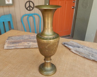 9" Solid Brass Etched Vase Made in India  /  Dot Etched India with Artists Number and Initial  /  Tall Etched Brass Vase